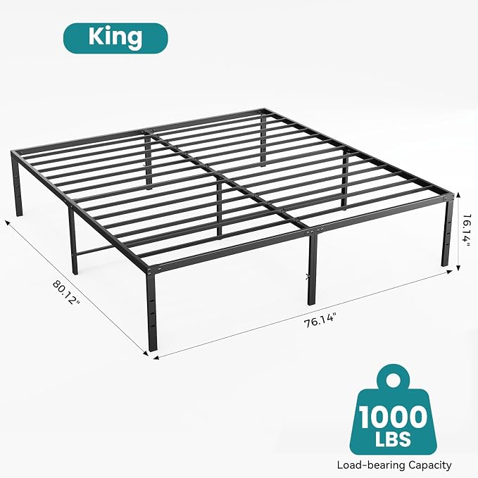 OLIXIS King Size Bed Frame, Heavy Duty 16 Inch Metal Platform Bed with Storage Space, Sturdy Support Slats & Noise-Free, No Box Spring Needed, Easy Assembly