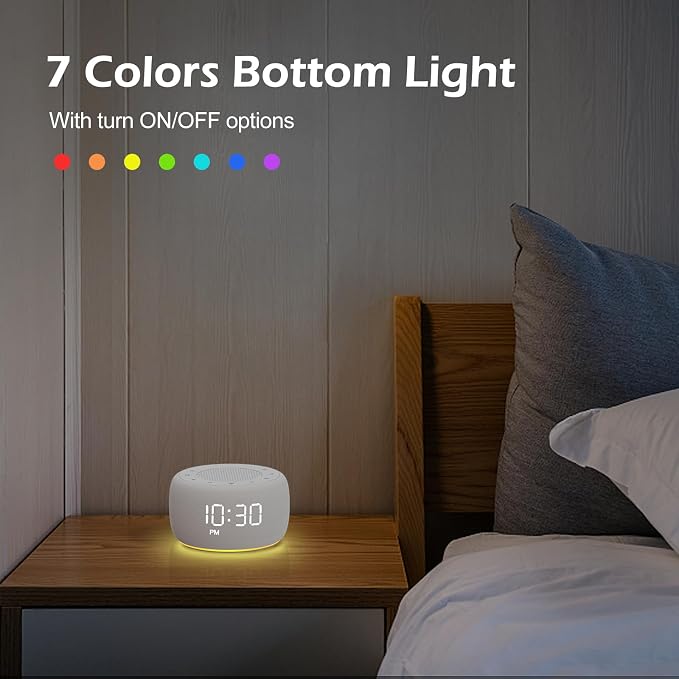Buffbee Sound Machine & Alarm Clock 2-in-1, 0-100% Clock Face Brightness, Bottom Colored Light, Sleep Timer, Precise 30-Level Volume Control White Noise Machine - White