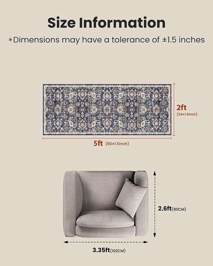 AMADA HOMEFURNISHING 2x5 Washable Runner Rug, Low-Profile Kitchen Rugs with Non-Slip Backing & Durable Edge Binding, Vintage Entryway Runner Rug for Bedroom & Hallway