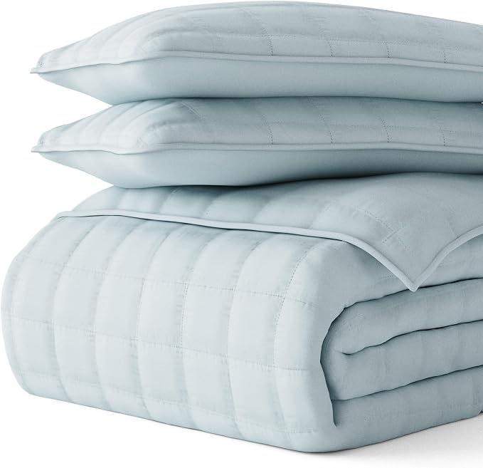 Merit Linens Classic Quilt Coverlet Soft Set in Square Stitching - Full/Queen Pale Blue