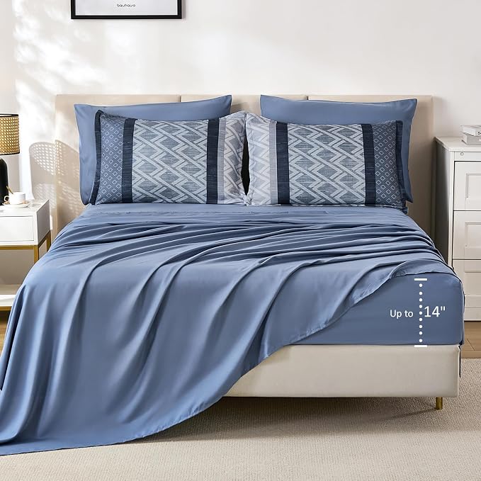 Cottolester Queen Comforter Set,Mineral Blue Boho Striped Bed in a Bag, | 7 Pieces Bed Set,Soft Microfiber Complete Bedding Sets