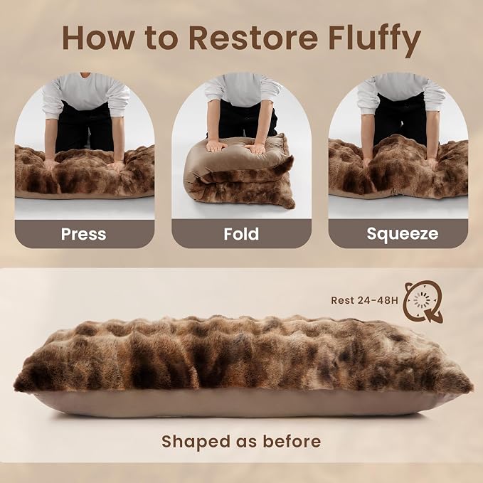 ZonLi Fluffy Body Pillow for Adults, Fuzzy Faux Fur Long Pillow with Shredded Memory Foam, Adjustable Support for Side Sleepers, Gifts, 20 x 54 Inch, Brown