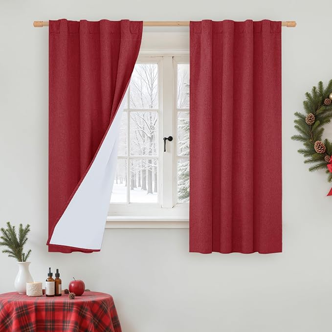 Red Linen Full Blackout Window Curtains for Bedroom 54 Inch Long | Thermal, Privacy Protected Panels, Christmas Decor Drapes, Rod Pocket Back Tab, with White Liner, 2 Panels, 38 x 54 Inch