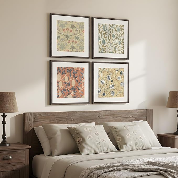 Framed William Morris Wall Art Set of 4, Vintage Botanical Floral Fruit Pattern Canvas Prints Artwork for Walls, Retro Natural Square Picture for Living Rooms Dining Room Hallway Wall Decor, 12x12 In