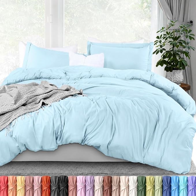 Duvet Cover Queen, 3 PC Cotton Like Polyester With Zipper Closure, Ice Blue | Extra Soft and Breathable, Wrinkle & Fade Resistant, Includes Duvet Cover and 2 Pillow Shams, Comforter Not Included, OekoTex