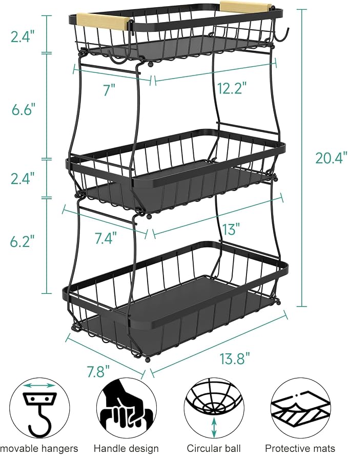 Sevenblue 3-Tier Fruit Basket with Banana Hangers, Detachable Metal Bowl | Wooden handle, protective mats included. Versatile holder for bread, snacks, and veggies. Large 3 tier metal design.