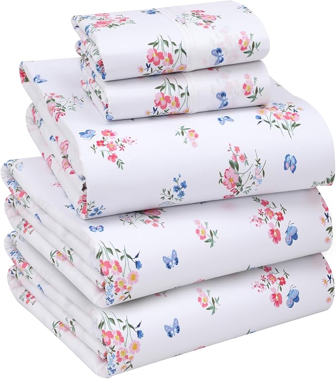 RUVANTI 100% Cotton Percale Sheets Split King Size, Funa Flora | Crisp Cooling, Deep Pocket 16", Soft Breathable & Durable, Hotel-Style, 5 Piece Set