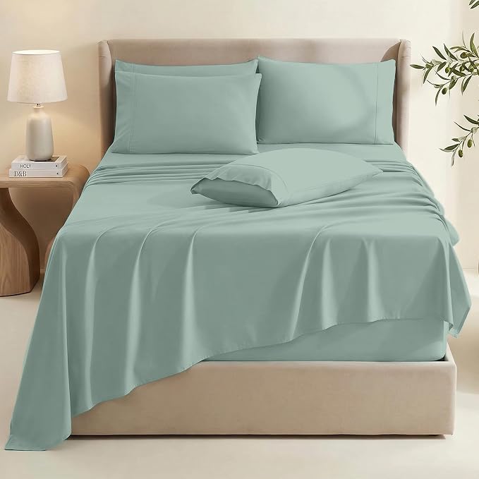 Hearth & Harbor Bed Sheets, Luxury Soft 6 Piece Bed Sheet Set Extra Deep Pocket Fitted Sheets Fits Mattress up to 21", Double Brushed Bedding Sheets & Pillowcases, Cal King, Ice Green