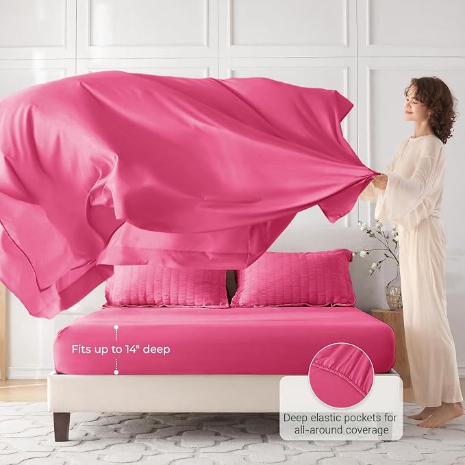 7 Pieces King Comforter Set, Seersucker Bed in a Bag King Size, All Season Luxury Bedding Set with Comforter, Flat Sheet, Fitted Sheet, Pillowcases & Shams, Hot Pink