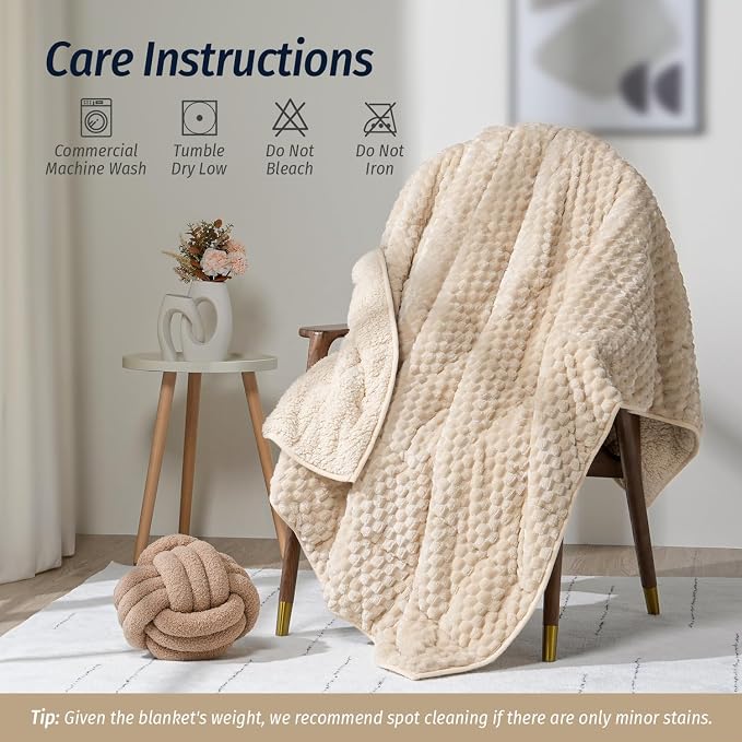 Fleece Weighted Blanket for Adults 48" x 72" 15lbs Fuzzy Blankets Khaki | Dual Sided Soft Sherpa Weighted Blankets, 3D Imitation Turtle Shell Warm Jacquard Flannel Heavy Blanket for Couch and Bed