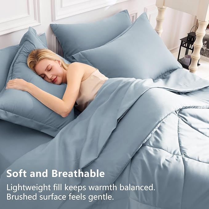 California King Comforter Set Dusty Blue - 7 Pieces Bed in a Bag | OEKO-TEX Certified, All Season, 240GSM Down-Alternative Comforter, Sheets, Pillowcases & Shams, 14" Deep Pocket, Easy Care