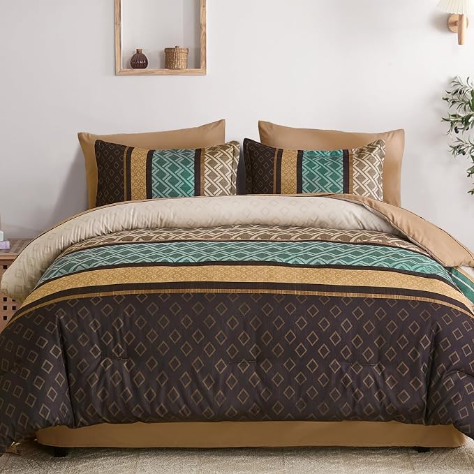 Cottolester Queen Comforter Set 7 Pieces,Boho Striped Bed in a Bag | Brown and Green Bed Set,Soft Microfiber Complete Bedding Sets