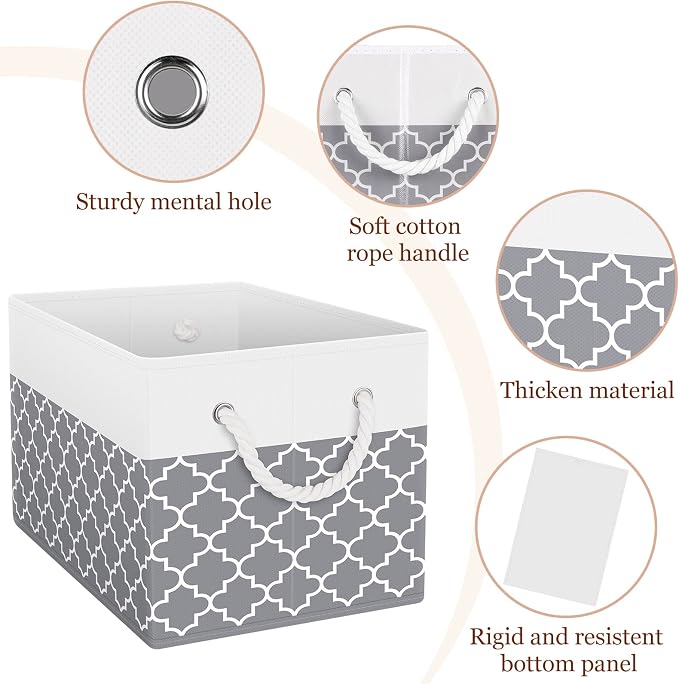 Storage Bins 8-Pack, Foldable Storage Baskets for Organizing Toys, Books, Shelves, Closet, Large Storage Box with Rope Handles, Sturdy Organizer Bins,Clover Grey