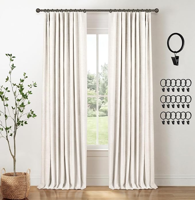 INOVADAY 100% Blackout Curtains for Bedroom Black Out Curtains 96 Inch Long | Beige Curtains for Living Room 2 Panels, Clip Rings Linen Look Blackout Drapes, Thermal Insulated Room Darkening,W50xL96