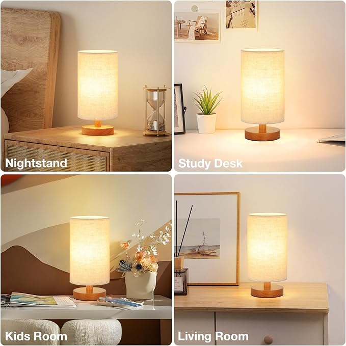 Small Table Lamps (Beige Shade - Walnut Base, 9" Inline Control) | 3000K LED Blub Included | 680 Lumens | Easy Assembly | Minimalist Design | E26 | for Kitchen | for Kids Room
