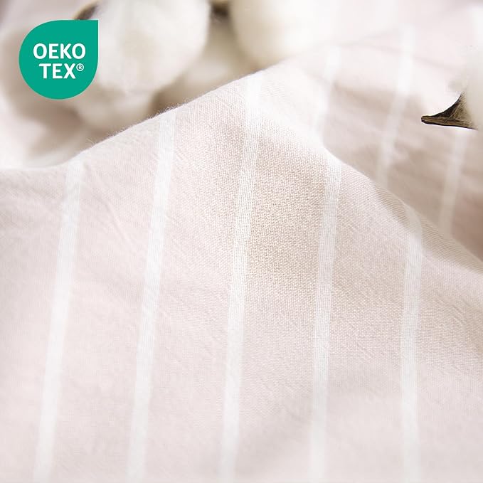 NEXHOME PRO Striped Duvet Cover Full Size,100% Washed Cotton Bedding Set,Textured Linen Feel,Breathable,Organic,3 Piece(White Stripes 80x90)
