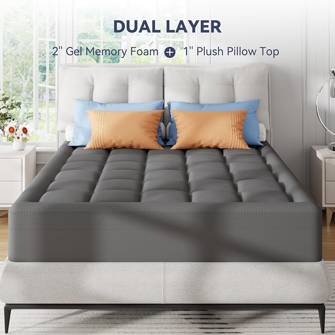 ELEMUSE 3 Inch Queen Dual Layer Memory Foam Mattress Topper with Pillowtop | 2 Inch Cooling Gel Foam,1 Inch Soft Pillowtop Pad, Pressure Relief Bed Topper, Comfortable Support