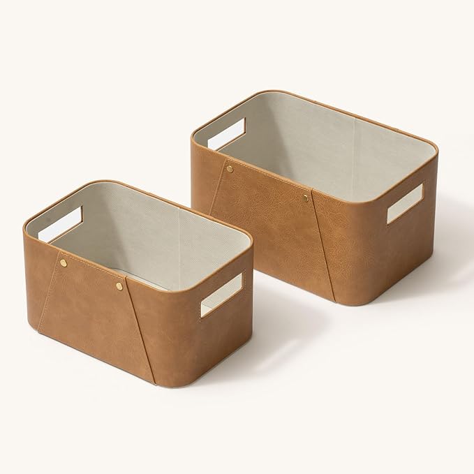 LA JOLIE MUSE Faux Leather Storage Baskets for Organizing, Camel 2 Pack | Sturdy Decorative Storage Bins for Closet, Shelf, Office Cabinets, Organizer Baskets for Toys, Books and Home Essentials
