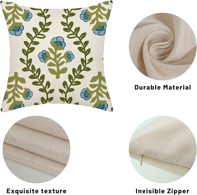 Sage Green Boho Pillow Covers 22x22 Inch 2 Pcs Blue Green Floral Leaves Decor Throw Pillows Vintage Flower Seasonal Spring Summer Outdoor Farmhouse Pillowcase Linen Cushion Cover for Couch Sofa