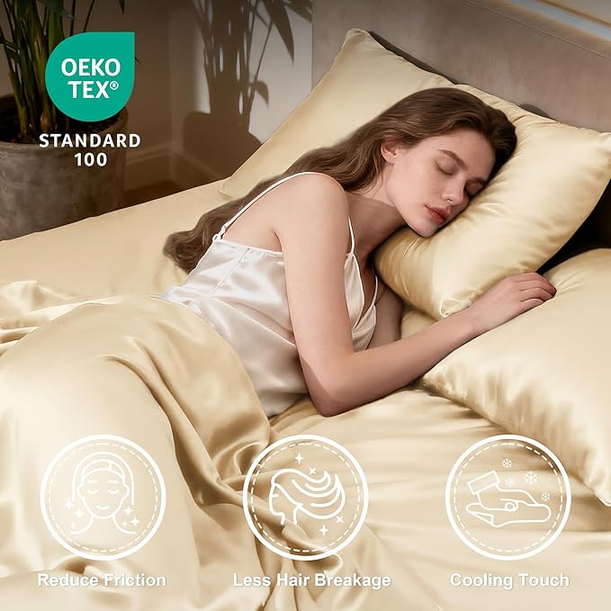 Love's cabin Satin Queen Sheets Set - 4 Piece Beige Silky Bed Sheets Set with Deep Pocket, Luxury Silk Feel Satin Queen Size Sheet Set (1 Flat Sheet,1 Fitted Sheet,2 Pillow Cases)