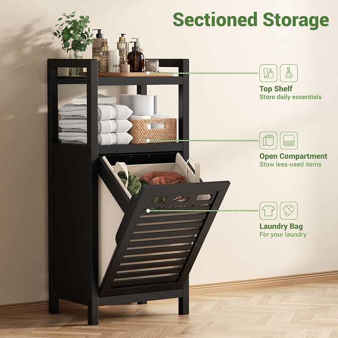 Homykic Tilt Out Laundry Hamper Cabinet, 10 Gal Bamboo Laundry Organizer | Wooden Laundry Basket with Removable Bag, Hidden Hamper with Shelf for Clothes, Bathroom, Laundry Room, Space Saving, Black