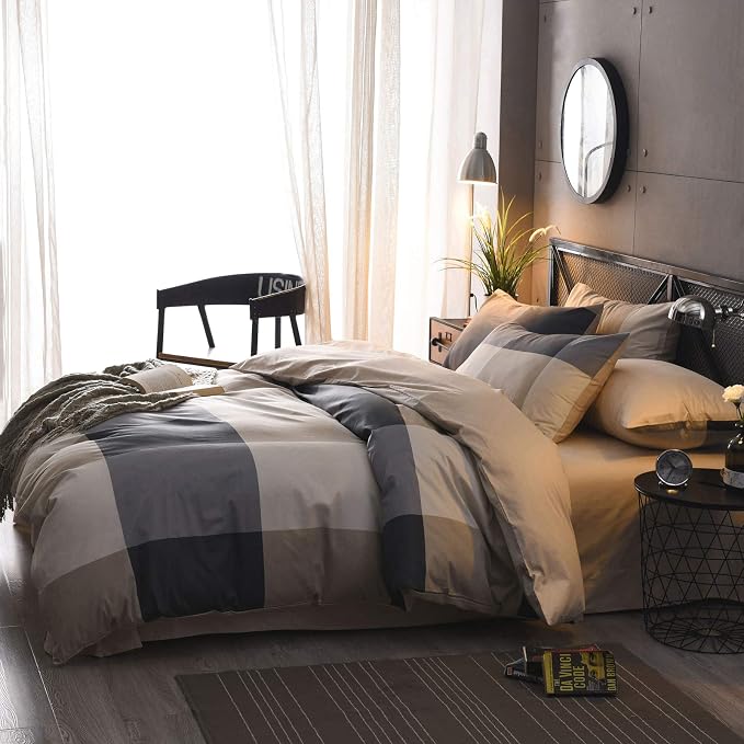 King Comforter Set Plaid 3 Pieces Soft Bedding Plaid Comforter Vintage Style Checkered Gingham King Comforter Set for All Seasons 1 Comforter and 2 Pillowcases
