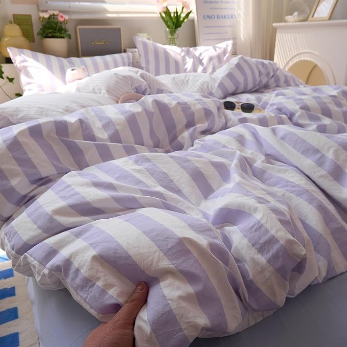 LifeTB Striped Comforter Set King, Vintage Purple White Stripes Pattern Printed Bedding Set, Lightweight Soft Striped Bed Comforter with 2 Pillowcases, Farmhouse 3 Piece Comforter Set for All Season
