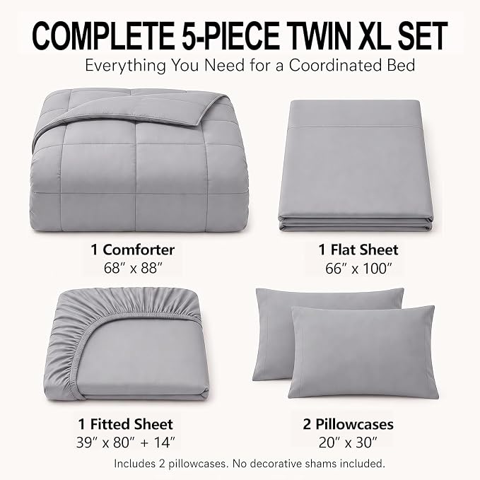 Twin XL Comforter Set Grey - 5 Pieces Twin XL Bed in a Bag | College Dorm Essentials, OEKO-TEX Certified, All Season, Down-Alternative Comforter + Flat & Fitted Sheets + 2 Pillowcases