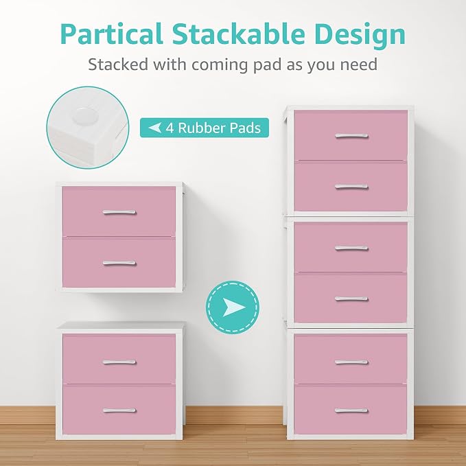 BOLUO Stackable Closet Drawers for Clothes Organizers and Storage Fabric Pink 2 Drawer Dresser for Bedroom 2 Packs Modern Small