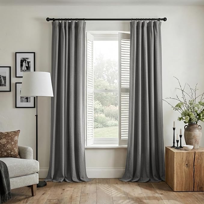 INOVADAY 100% Blackout Curtains for Bedroom Black Out Curtains 80 Inch Long | Dark Grey Curtains for Living Room 2 Panels, Clip Rings Linen Look Blackout Drapes, Thermal Insulated Room Darkening,W50xL80