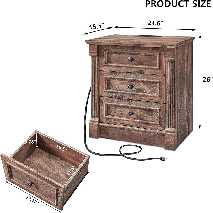Aitjunz 26" Tall Nightstand w/Charging Station, 3 Drawers, Light Brown | Farmhouse 23.6" Wide Large End Table w/Roman Column, Wood Rustic Side Table w/Metal Handle for Bedroom, Living Room
