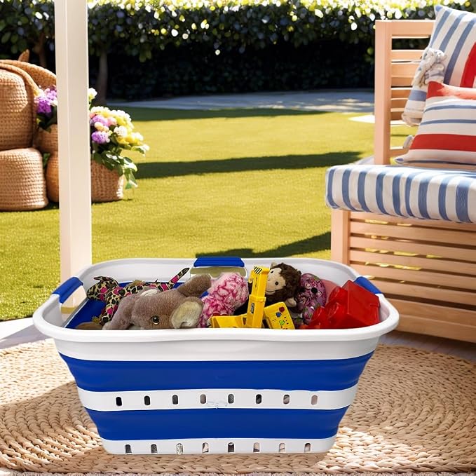SAMMART 42L (11 gallon) Collapsible Plastic Laundry Basket - Foldable Pop Up Storage Container/Organizer - Space Saving Hamper/Basket (1, White/Dark Blue)