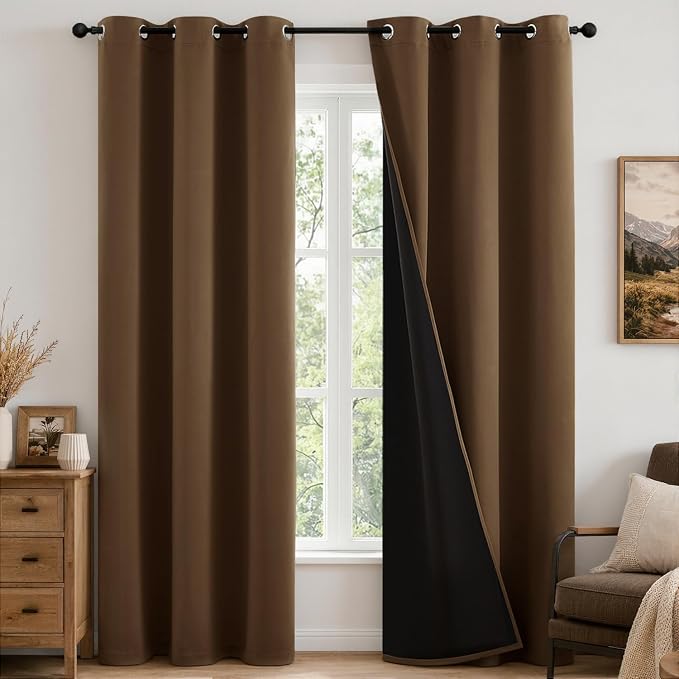 MIULEE Brown 100% Blackout Curtains for Bedroom 96 Inch Long 2 Panels Set | 2 Thick Layers Thermal Insulated Window Curtains with Black Liner, Noise Reducing Grommet, Drapes for Living Room