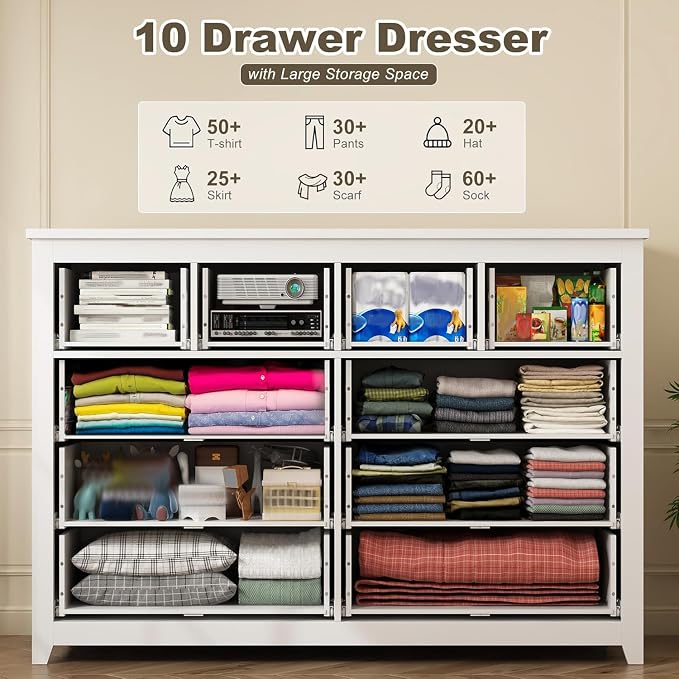 EnHomee White Dresser for Bedroom with 10 Drawer, Multi-Layer Organization | Modern Wood Chest, 52"W TV Stand Versatile for Living Room Entryway Closet, Metal Frame and Handles, Smooth Glides, Anti-Tip