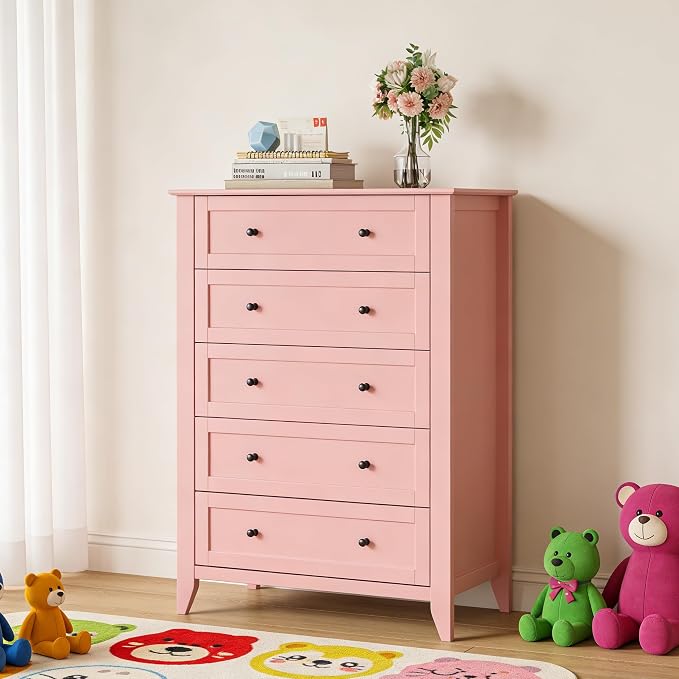 Garvee 5 Drawer Dresser for Bedroom, Modern Tall Chest of Drawers with Metal Knobs, Wooden Clothes Storage Organizer for Closet, Nursery, Living Room, Apartment, Pink | Lacquered Finish, Metal Knobs, Clothes Storage Organizer for Closet, Nursery, Livin...