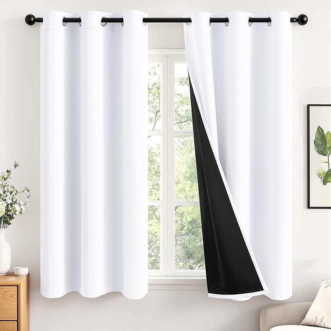 MIULEE White 100% Blackout Short Curtains for Bedroom 40x45 Inch Long | 2 Thick Layers Thermal Insulated Window Curtains with Black Liner, Noise Reducing Grommet, Drapes for Living Room, 2 Panels
