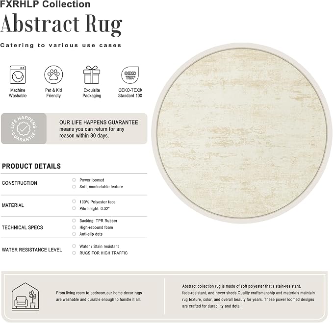 Round Area Rug Living Room: 4 ft Modern Washable Carpet Taupe | For Bedroom Dining Room Farmhouse Nursery Hallway Office,Modern Abstract,Machine washable,Non-Slip,Stain Resistant,Indoor