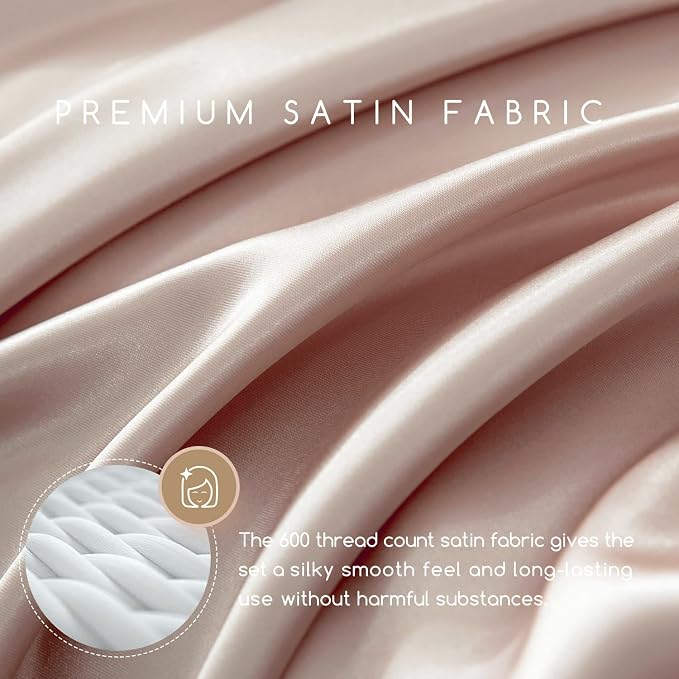 MR&HM Satin Sheets King Size with Elastic Corner Straps, Champagne | Similar to Silk, 4-Piece Silky Soft Bed Sheet Set, Gentle on Skin and Hair, 15" Deep Pocket, Cooling & Breathable