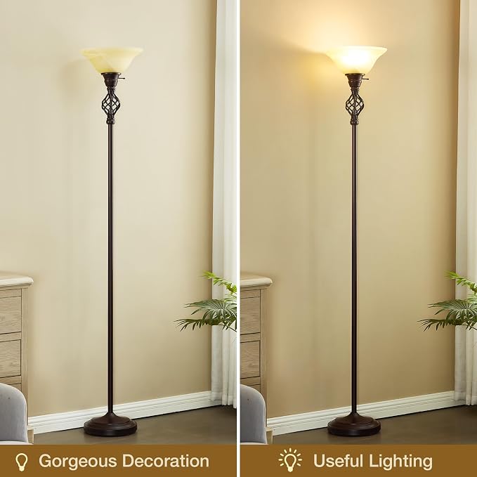 GyroVu Torchiere Floor Lamp for Living Room, LED Standing Reading Light | Yellow Glass Lampshade, 72" Vintage Tall Lamps for Corner Bedroom Home Office, Bulbs Included