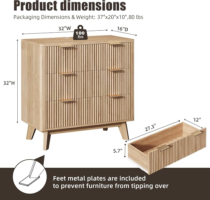 Fluest 32” Tall Nightstands with Fast Charging Station, 32” Wide Fluted Night Stand with 3 Large Drawers, Modern End Table Beside Table for Bedroom, Curved Profile Design, Natural