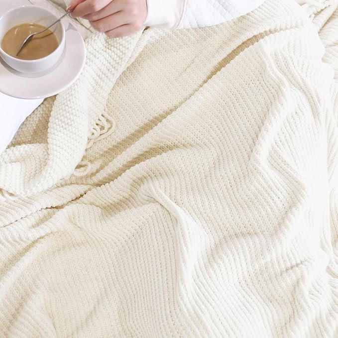 lifein Throw Blanket for Couch, Soft Boho Decor Bed Throw,Cozy Blue Chenille Knitted Small Farmhouse Lightweight Throw for All Season(Off White,50 * 60")