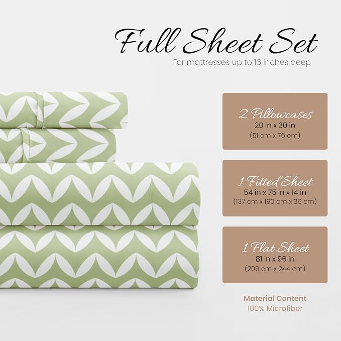 Linen Market Double-Brushed Patterned Microfiber Full Sheet Set 4 Piece – Oeko-TEX Certified Ultra Soft & Wrinkle-Free - 16" Deep Pocket Sheets - Easy Care Full Size - Puffed Chevron Sage