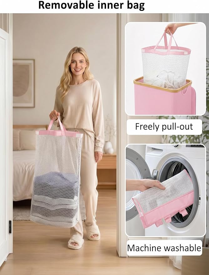 IEGrow Laundry Hamper with Lid,110L Laundry Basket with Mesh Bags,Pink | Dirty Clothes Hamper Basket with Bamboo Handle for Clothes Towels