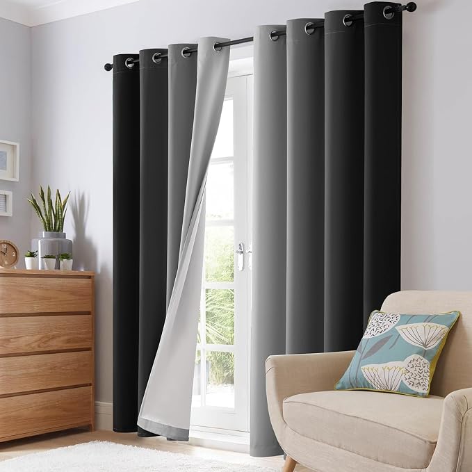 SimpleHome Ombre Black 100% Blackout Bedroom Curtains with White Liner 84L | 84 Inches Long,Room Darkening Thermal Insulated Grommet Curtain for Living Room,Window Gradient Drapes,2 Panels Set,52Wx84L