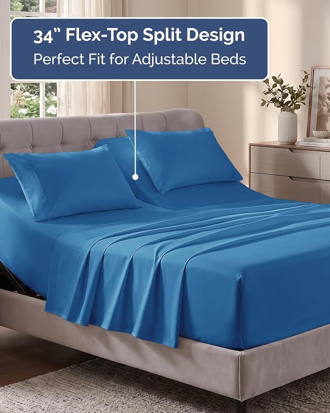 Flex Top Split Head King Sheet Set - 4 Piece Extra Deep Sheets - Denim Blue | Easily Fits 18 to 24 inch Mattress, Ultra Soft, Wrinkle & Fade Free with Extra Deep Pockets, Comfy Hotel Luxury Bedding