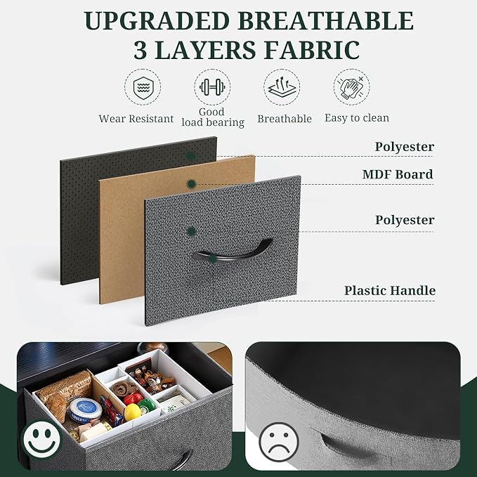 10-Drawer Dresser for Bedroom, Anti-Tip Tall Storage Organizer | Chest of Drawers with Wooden Top and Metal Frame Fabric Bins for Closet, Living Room, Hallway, Entryway, Gray