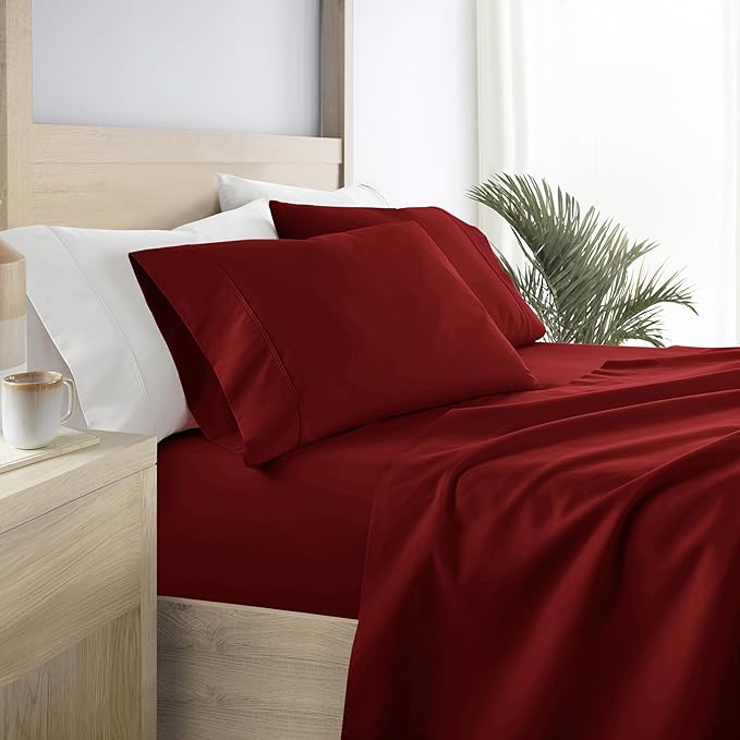 Linen Market Brushed Microfiber Queen Sheet Set 4 Piece – Oeko-TEX Certified Ultra Soft & Wrinkle-Free - 16" Deep Pocket Sheets - Easy Care Queen Size - Burgundy