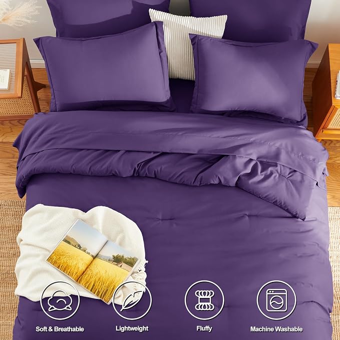 HIMEET King Comforter Set, 7-Piece Point-Quilted Bed in a Bag, Purple | OEKO-TEX Certified, Lightweight 240 GSM Comforter, Flat Sheet, 14-Inch Deep-Pocket Fitted Sheet, Pillowcases & Shams