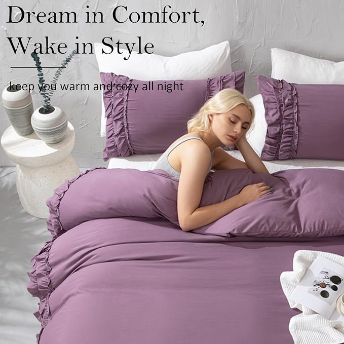 Bedorm Queen Duvet Cover Set Purple Ruffle Bedding Set Pleat Ruffled Shabby Chic Comforter Cover Extra Soft & Easy Care Farmhouse Boho Duvet Cover with Zipper Closure