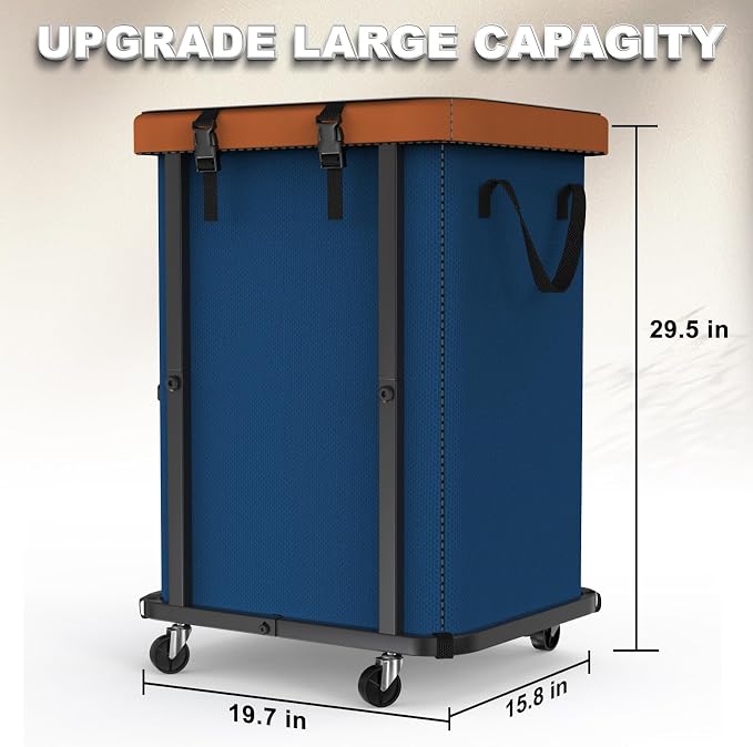 Laundry Basket with Wheels,150L (40 Gal) Rolling Hamper Carts - Navy Blue | Leather Patchwork Laundry Hamper,Sturdy Metal Frame, Removable Washable Bag, Tall Clothes Sorter for Bedroom, Laundry Room